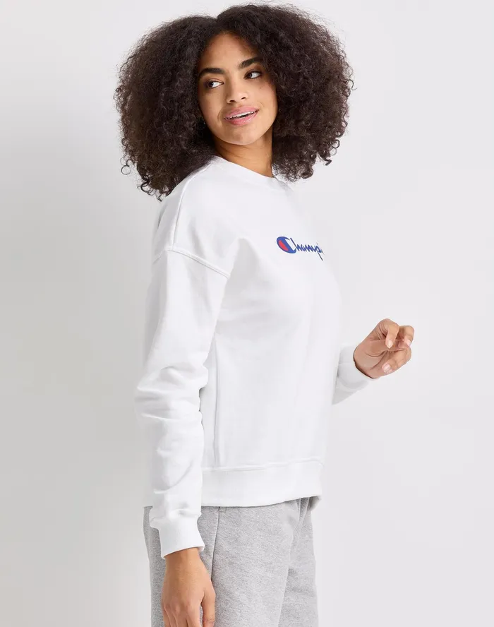 Powerblend Crewneck Sweatshirt Script Logo White Women Champion Hoodies and Sweatshirts