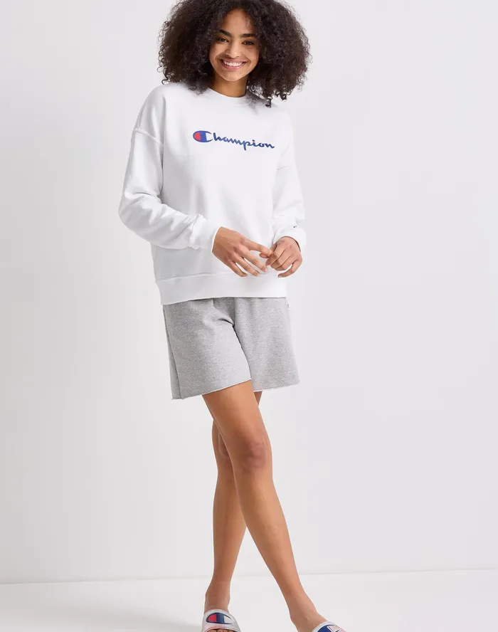 Powerblend Crewneck Sweatshirt Script Logo White Women Champion Hoodies and Sweatshirts