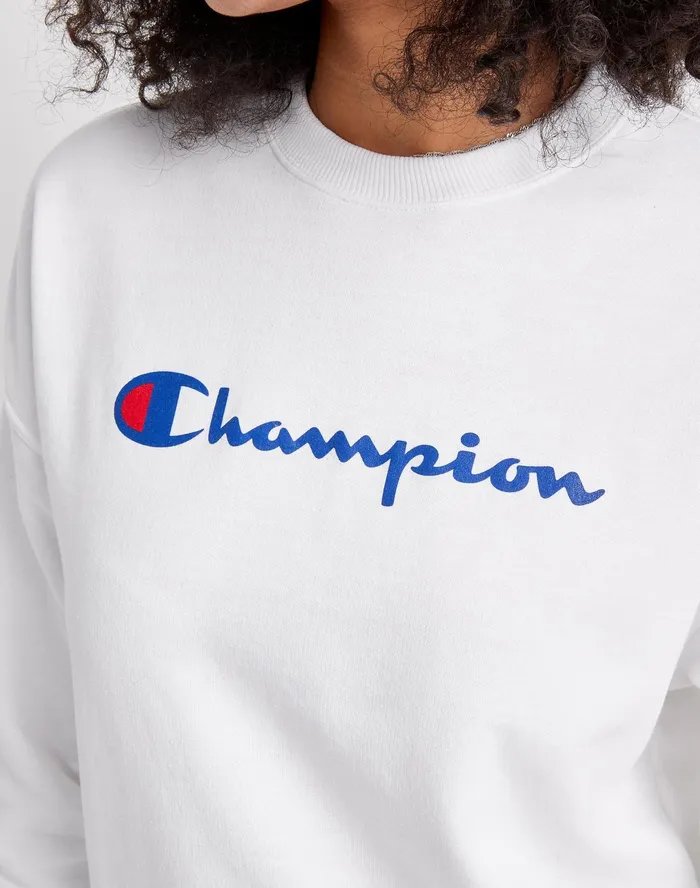 Powerblend Crewneck Sweatshirt Script Logo White Women Champion Hoodies and Sweatshirts