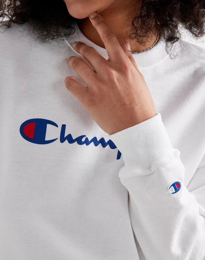 Powerblend Crewneck Sweatshirt Script Logo White Women Champion Hoodies and Sweatshirts