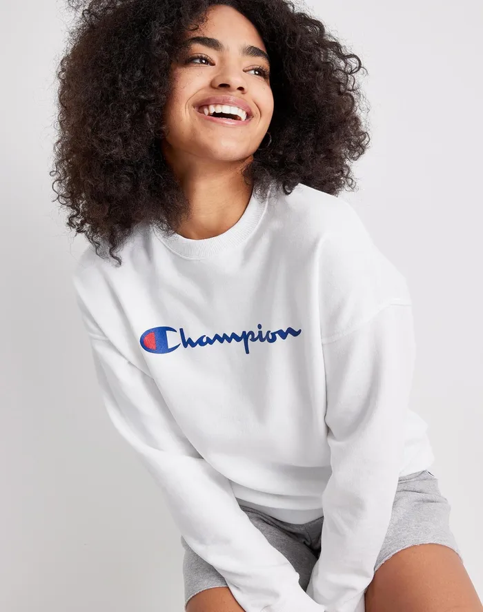 Powerblend Crewneck Sweatshirt Script Logo White Women Champion Hoodies and Sweatshirts
