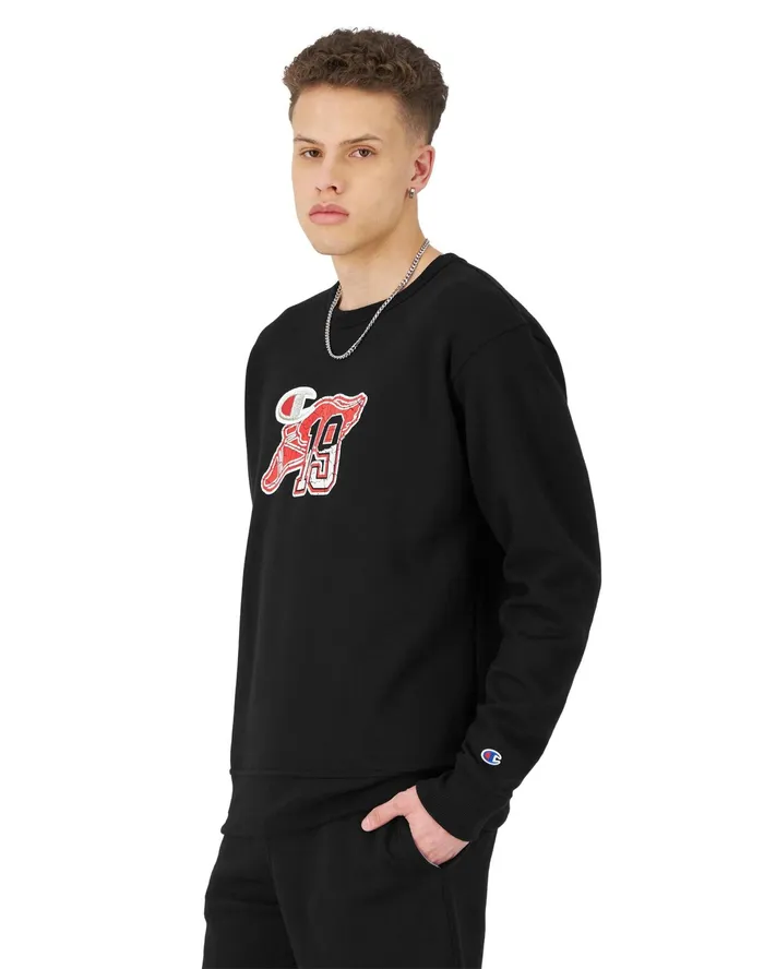 Powerblend Crewneck Sweatshirt Winged Foot Patch Logo Black Men Champion Hoodies and Sweatshirts