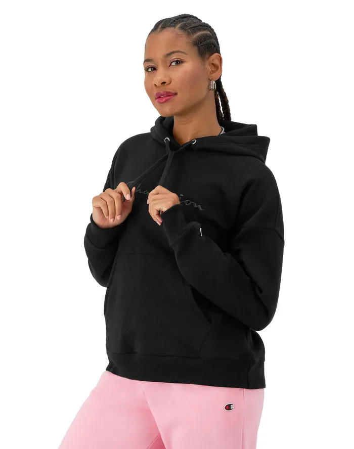 Powerblend Hoodie Relaxed Full Embroidered Script Logo Black Women Champion Hoodies and Sweatshirts