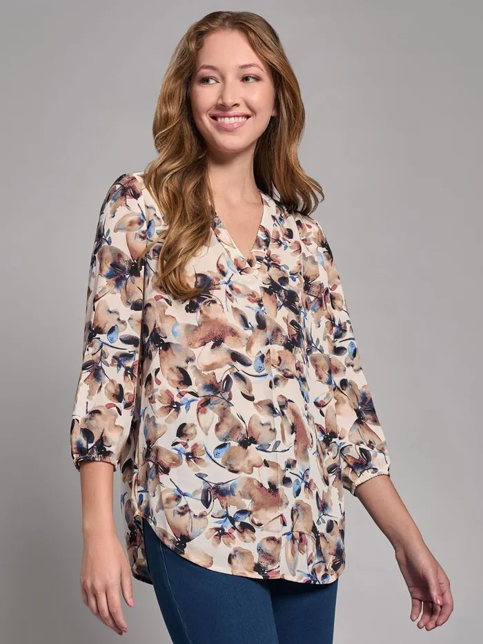 Print VNeck Pleated Kelly Blouse Women Jones New York Tops and Blouses