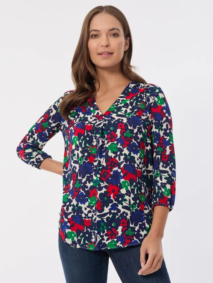 Printed VNeck Pleated Kelly Blouse Women Jones New York Tops and Blouses