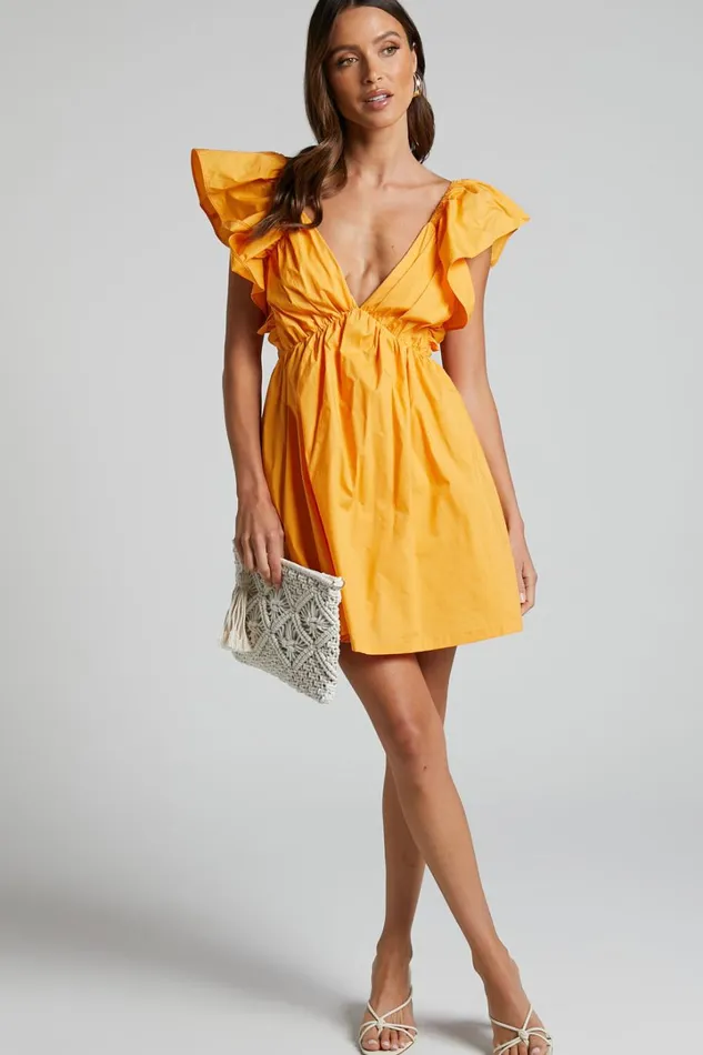 Raiza Mini Dress 8211 Ruffle Sleeve Tie Back Plunge Dress In Marigold Women Showpo Dresses Raiza Mini Dress 8211 Ruffle Sleeve Tie Back Plunge Dress In Marigold Women Showpo Dresses