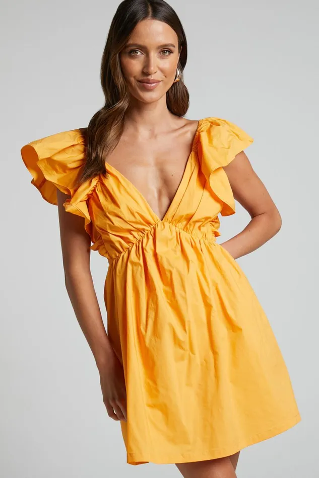 Raiza Mini Dress 8211 Ruffle Sleeve Tie Back Plunge Dress In Marigold Women Showpo Dresses