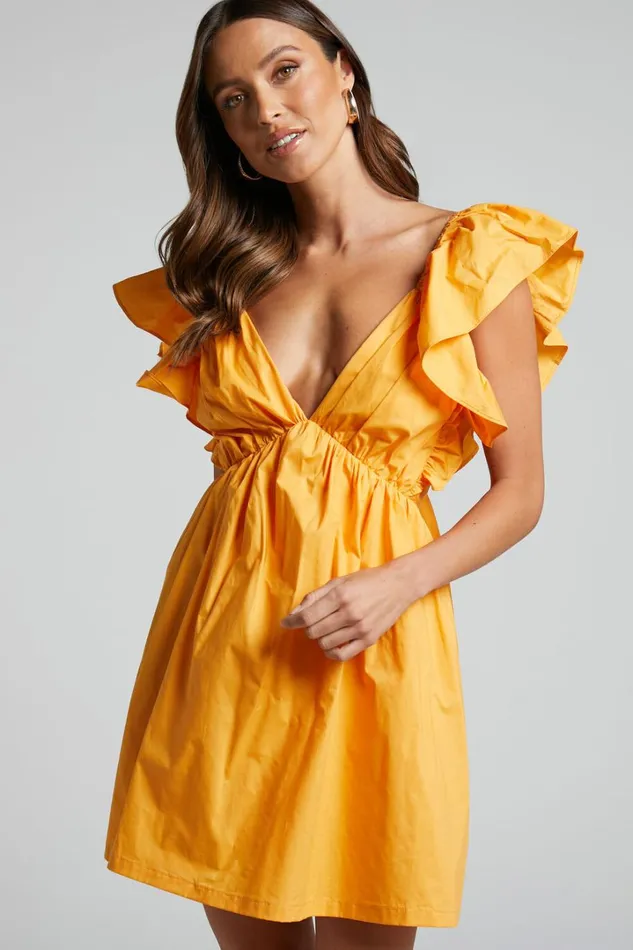 Raiza Mini Dress 8211 Ruffle Sleeve Tie Back Plunge Dress In Marigold Women Showpo Dresses