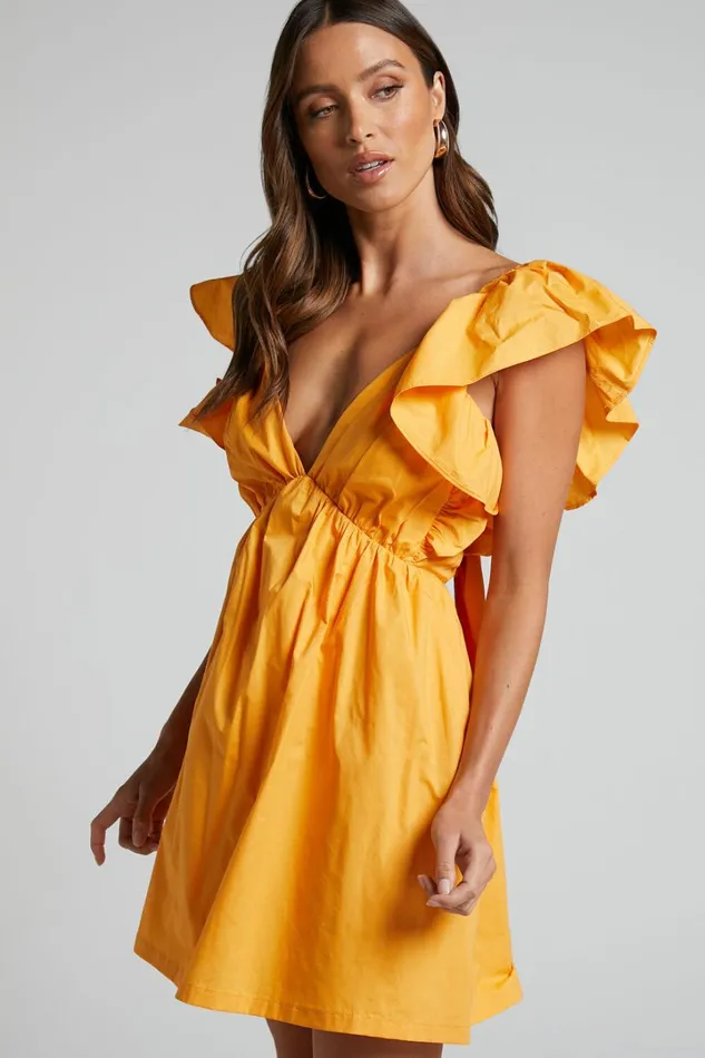 Raiza Mini Dress 8211 Ruffle Sleeve Tie Back Plunge Dress In Marigold Women Showpo Dresses