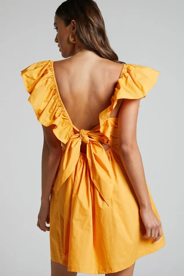 Raiza Mini Dress 8211 Ruffle Sleeve Tie Back Plunge Dress In Marigold Women Showpo Dresses