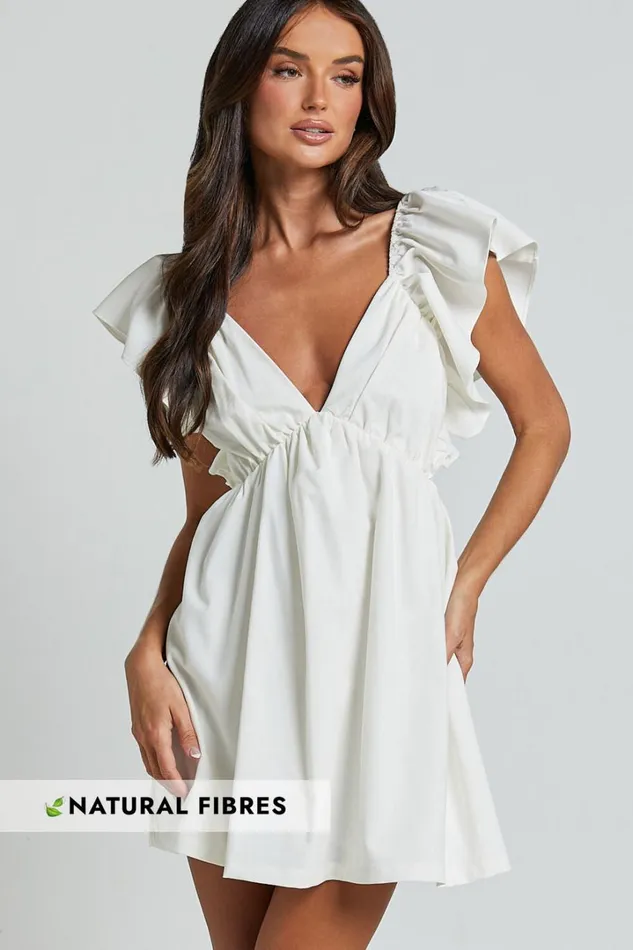 Raiza Mini Dress 8211 Ruffle Sleeve Tie Back Plunge Dress In Off White Women Showpo Curve Clothes