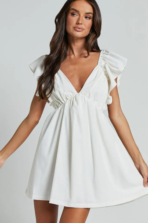 Raiza Mini Dress 8211 Ruffle Sleeve Tie Back Plunge Dress In Off White Women Showpo Curve Clothes