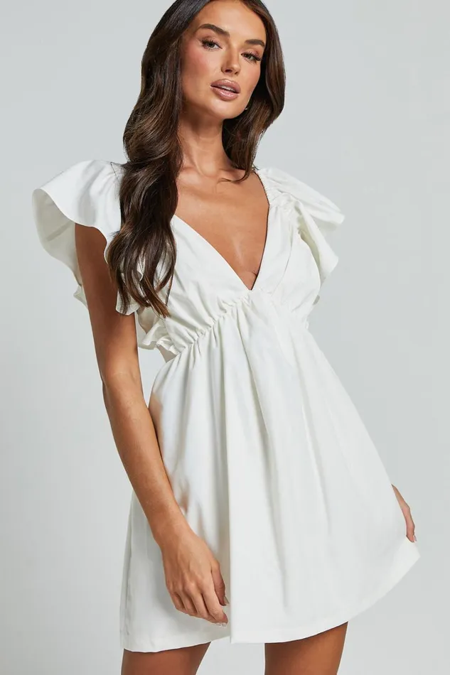 Raiza Mini Dress 8211 Ruffle Sleeve Tie Back Plunge Dress In Off White Women Showpo Curve Clothes