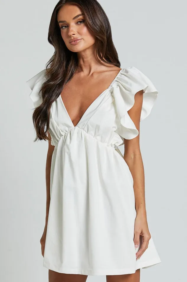 Raiza Mini Dress 8211 Ruffle Sleeve Tie Back Plunge Dress In Off White Women Showpo Curve Clothes