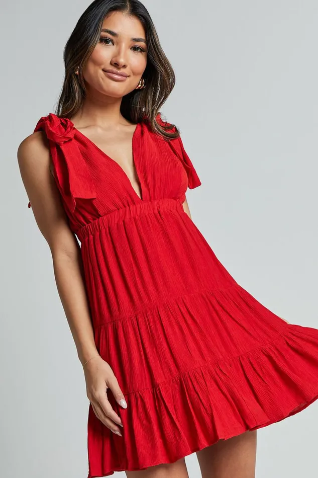 Ramira Mini Dress 8211 Tie Shoulder Plunge Elastic Waist Tiered In Red Women Showpo Dresses