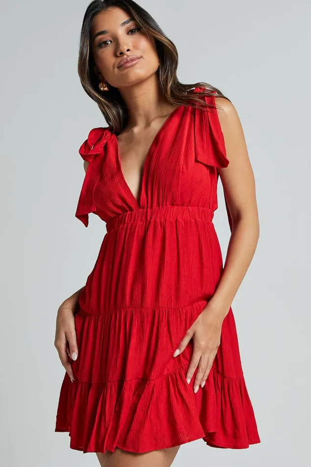 Ramira Mini Dress 8211 Tie Shoulder Plunge Elastic Waist Tiered In Red Women Showpo Dresses