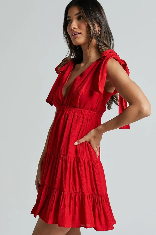 Ramira Mini Dress 8211 Tie Shoulder Plunge Elastic Waist Tiered In Red Women Showpo Dresses