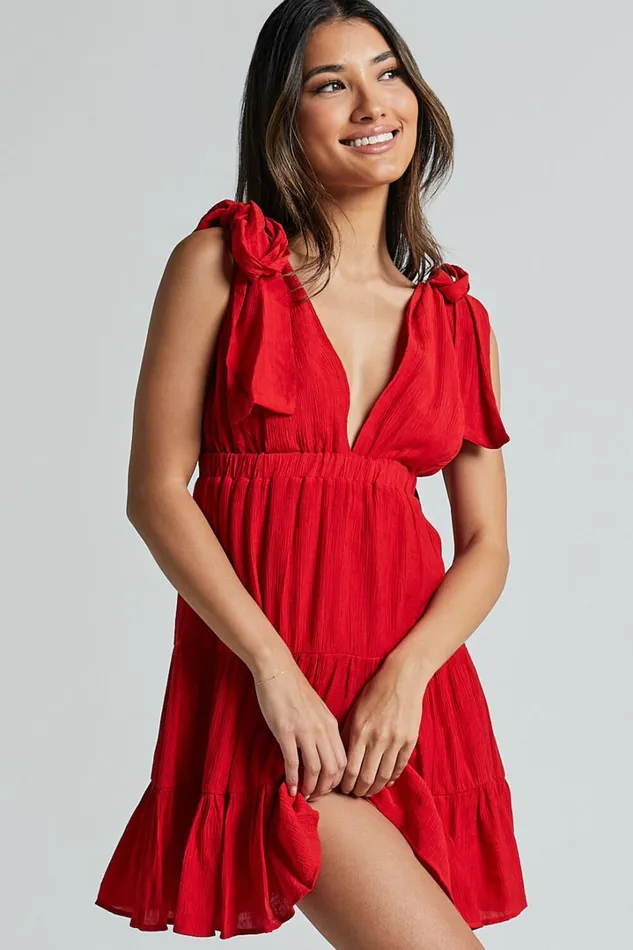 Ramira Mini Dress 8211 Tie Shoulder Plunge Elastic Waist Tiered In Red Women Showpo Dresses