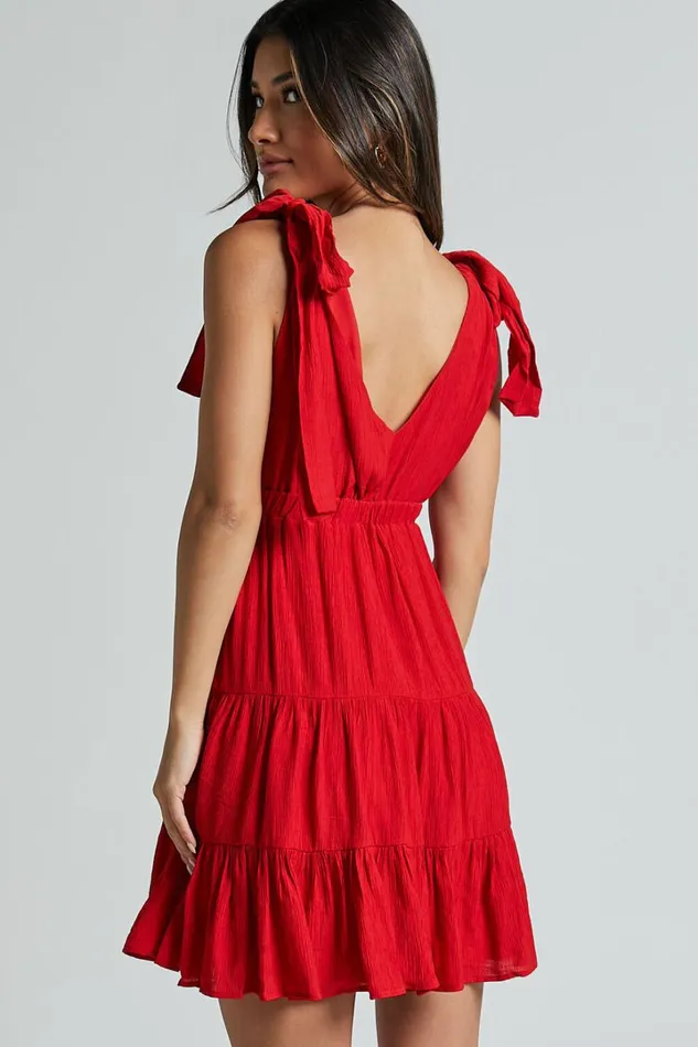 Ramira Mini Dress 8211 Tie Shoulder Plunge Elastic Waist Tiered In Red Women Showpo Dresses