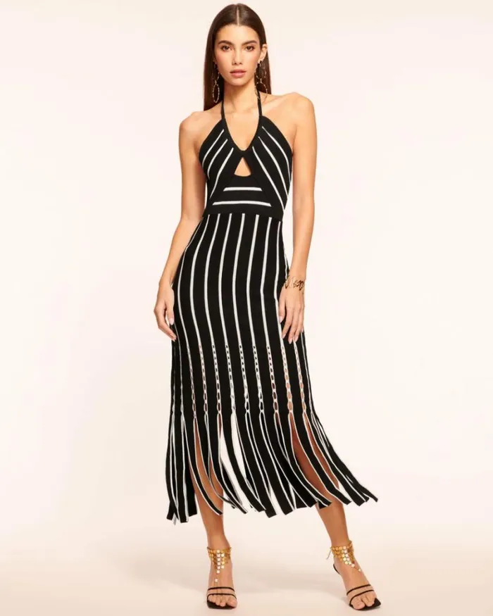 Ramy Brook Sweaters Women Frida Fringe Knit Midi Dress Black Fringe