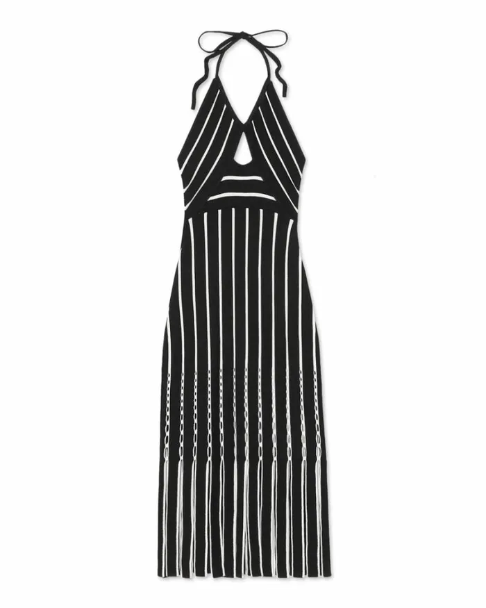Ramy Brook Sweaters Women Frida Fringe Knit Midi Dress Black Fringe