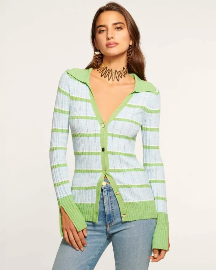Ramy Brook Sweaters Women Raya Button Down Sweater Blue Stripe
