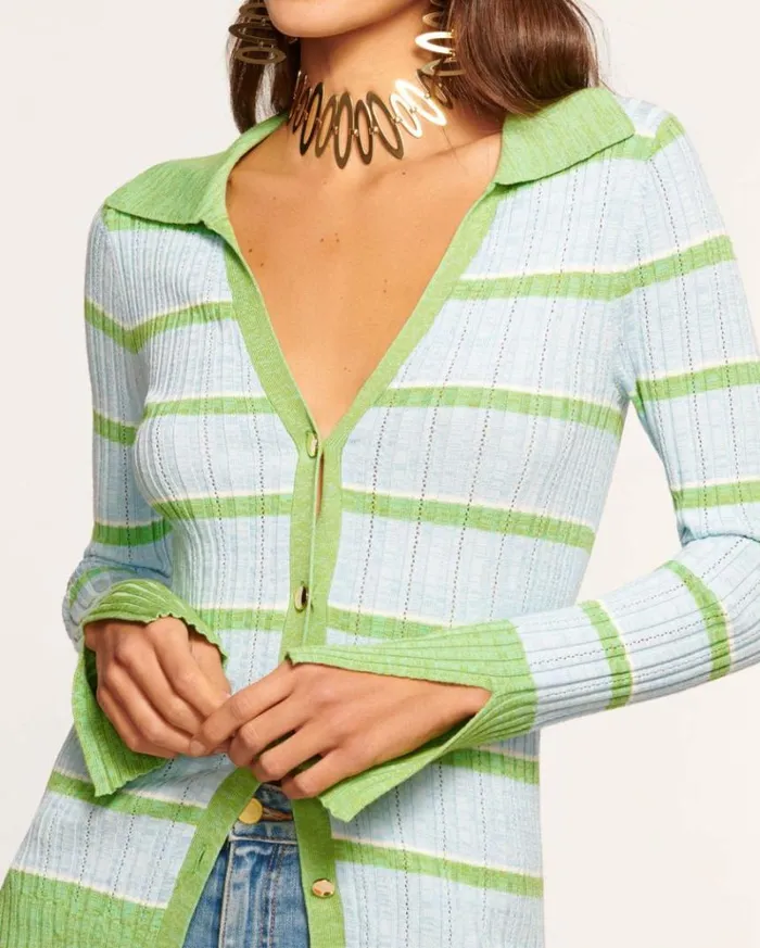 Ramy Brook Sweaters Women Raya Button Down Sweater Blue Stripe