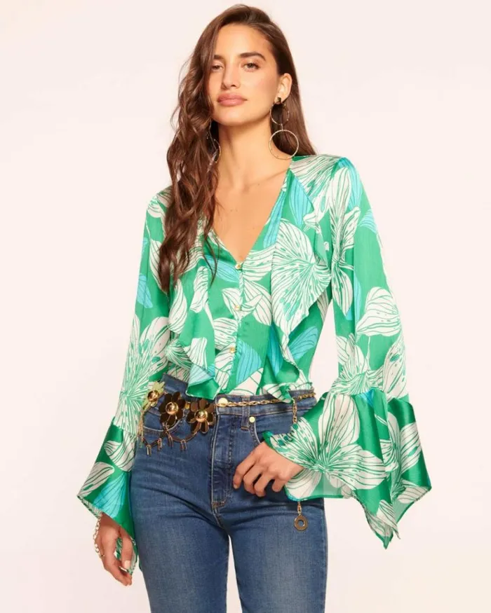Ramy Brook Tops Women Savanna Ruffle Blouse Green Lily