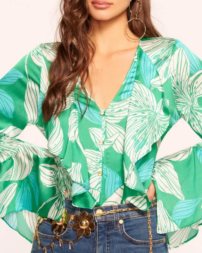 Ramy Brook Tops Women Savanna Ruffle Blouse Green Lily