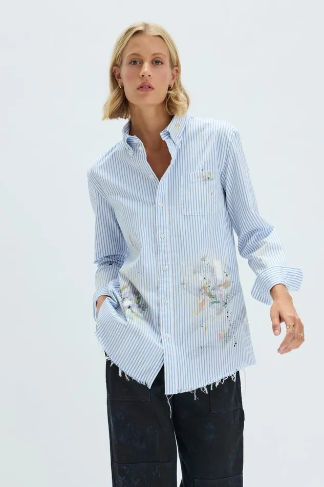 Raquel Allegra Blue Stripe Painter Shirt Women TShirts
