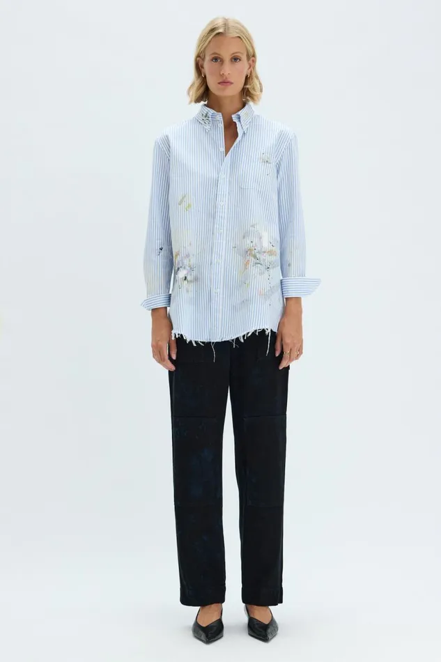 Raquel Allegra Blue Stripe Painter Shirt Women TShirts