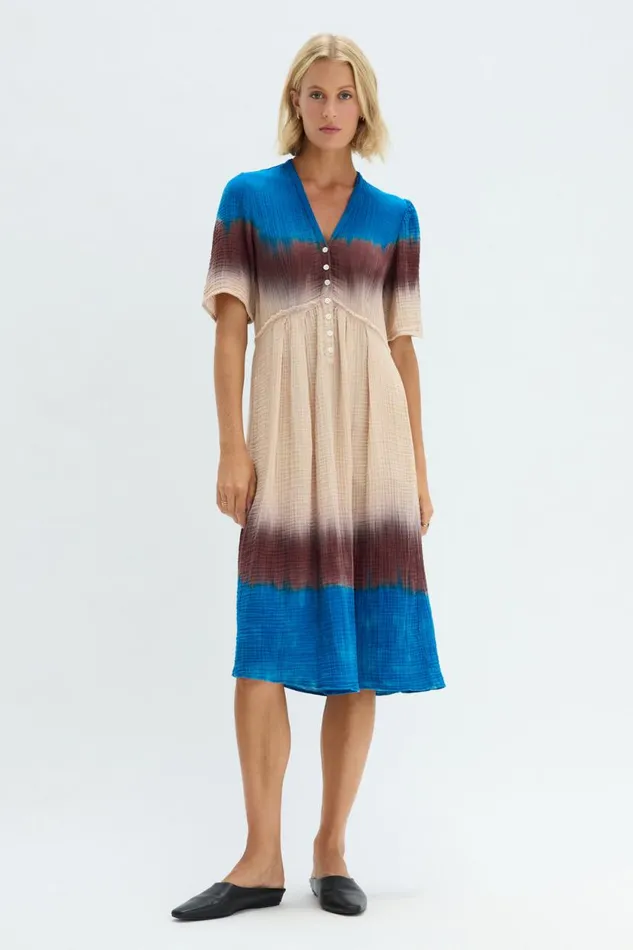 Raquel Allegra Lapis Multi Dual Gauze Garden Dress Women Tops