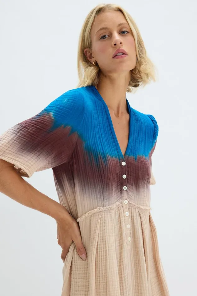 Raquel Allegra Lapis Multi Dual Gauze Garden Dress Women Tops