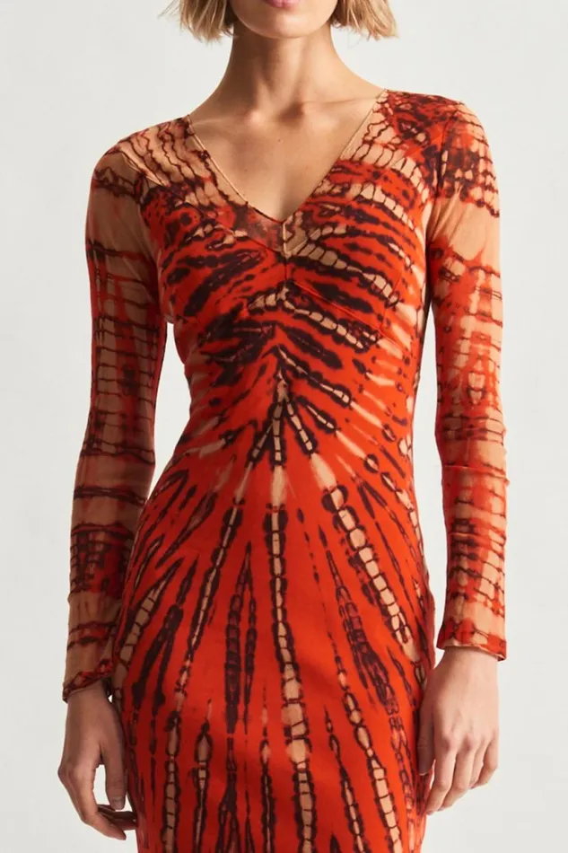 Raquel Allegra Mesh Tomato And Navy Long Sleeve Poppy Midi Dress Women Dresses