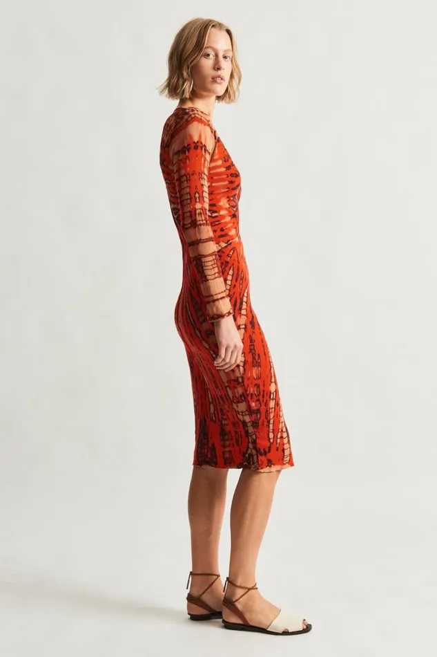 Raquel Allegra Mesh Tomato And Navy Long Sleeve Poppy Midi Dress Women Dresses