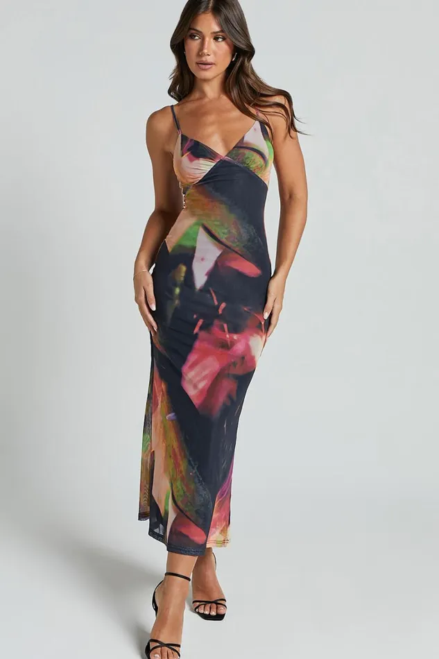 Rashida Midi Dress 8211 V Neck Mesh Printed Dress In Floral Blur Women Showpo Dresses