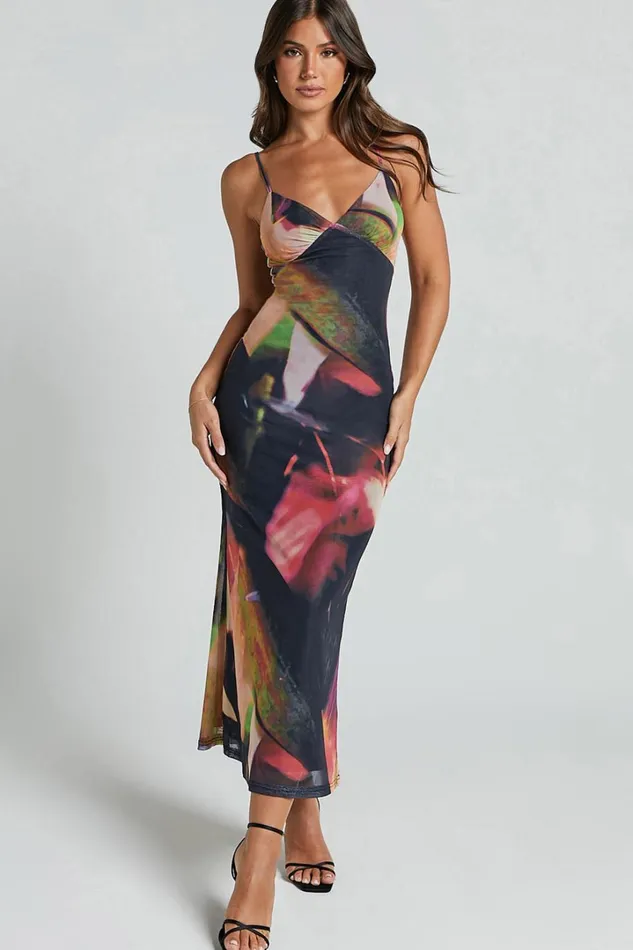 Rashida Midi Dress 8211 V Neck Mesh Printed Dress In Floral Blur Women Showpo Dresses