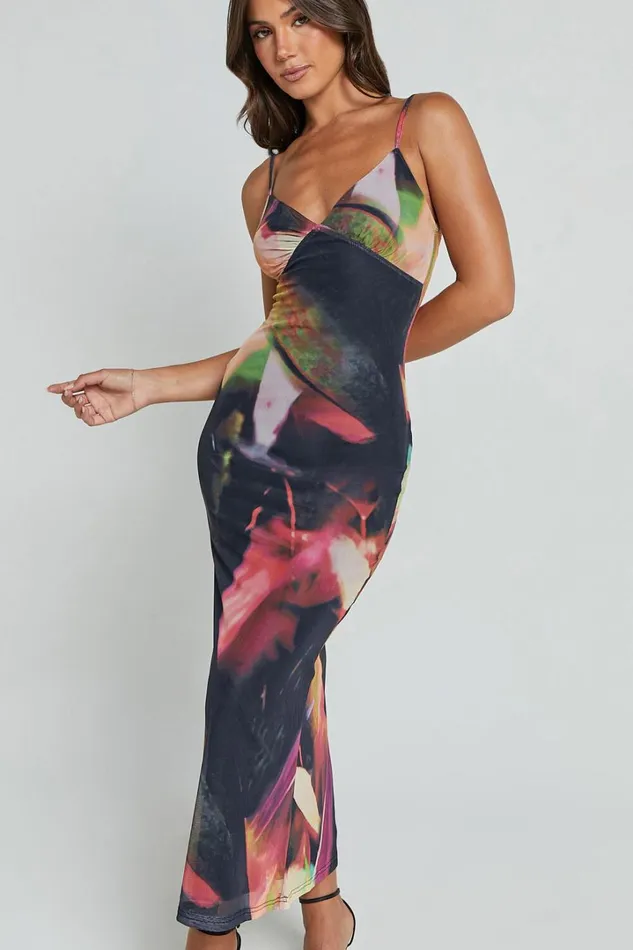 Rashida Midi Dress 8211 V Neck Mesh Printed Dress In Floral Blur Women Showpo Dresses