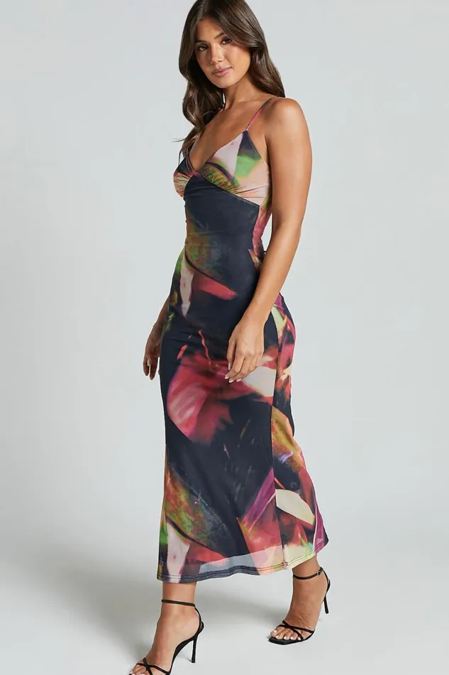Rashida Midi Dress 8211 V Neck Mesh Printed Dress In Floral Blur Women Showpo Dresses