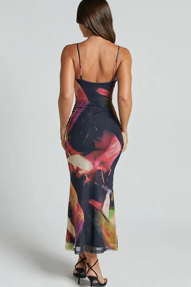 Rashida Midi Dress 8211 V Neck Mesh Printed Dress In Floral Blur Women Showpo Dresses
