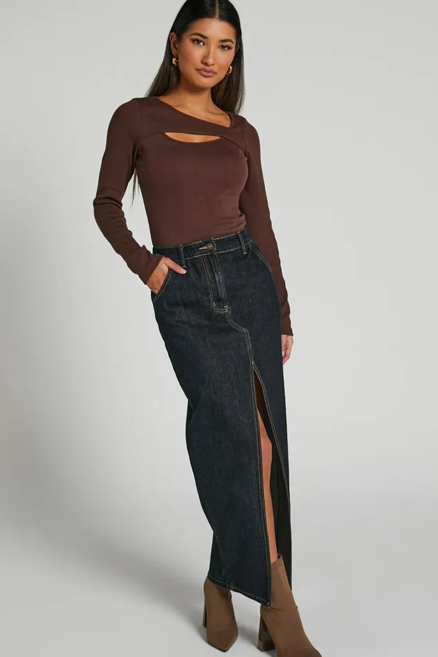 Remi Top 8211 Long Sleeve Asymmetric Cut Out Top In Brown Women Showpo Tops
