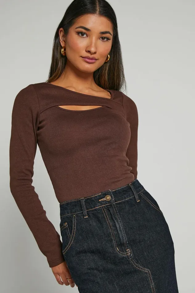 Remi Top 8211 Long Sleeve Asymmetric Cut Out Top In Brown Women Showpo Tops