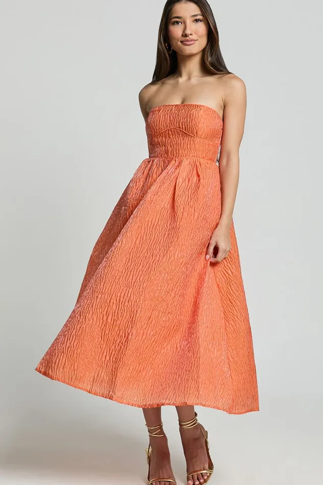 Remy Midi Dress 8211 Strapless Bustier Flare Dress In Orange Women Showpo Dresses