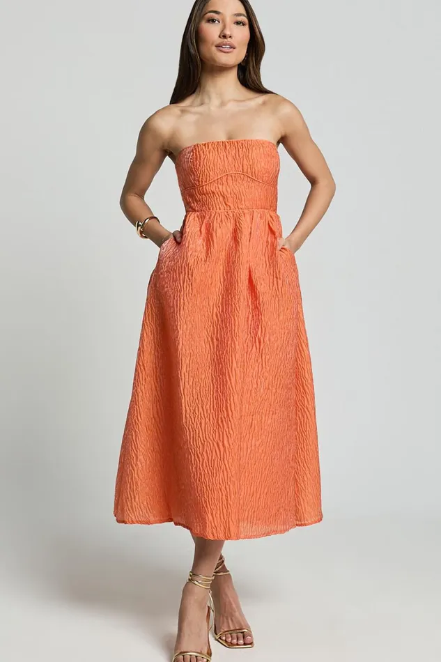 Remy Midi Dress 8211 Strapless Bustier Flare Dress In Orange Women Showpo Dresses