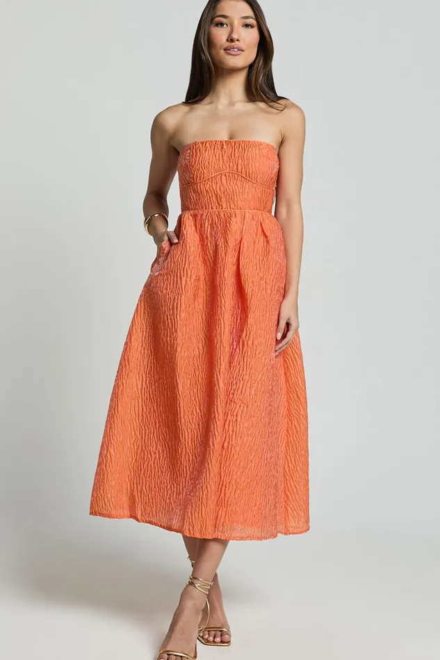 Remy Midi Dress 8211 Strapless Bustier Flare Dress In Orange Women Showpo Dresses