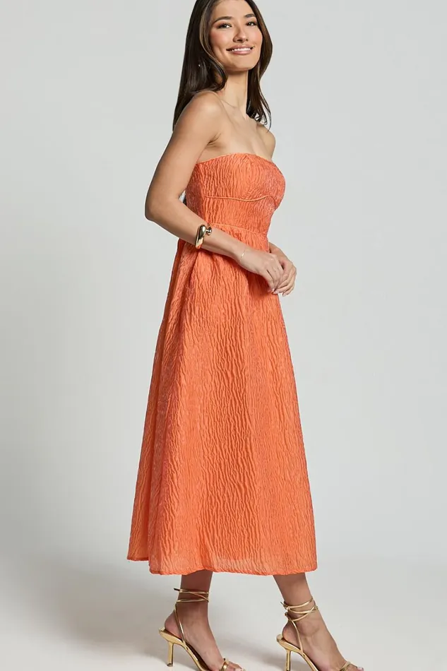 Remy Midi Dress 8211 Strapless Bustier Flare Dress In Orange Women Showpo Dresses