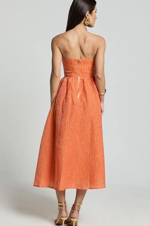 Remy Midi Dress 8211 Strapless Bustier Flare Dress In Orange Women Showpo Dresses