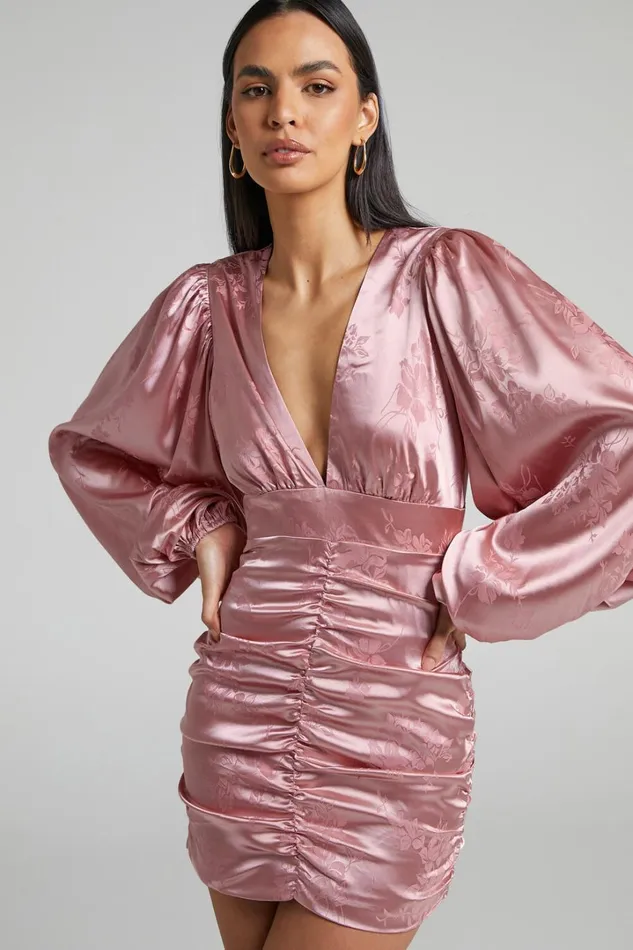 Richmond Mini Dress 8211 Long Sleeve Ruched Dress In Dusty Pink Women Showpo Dresses