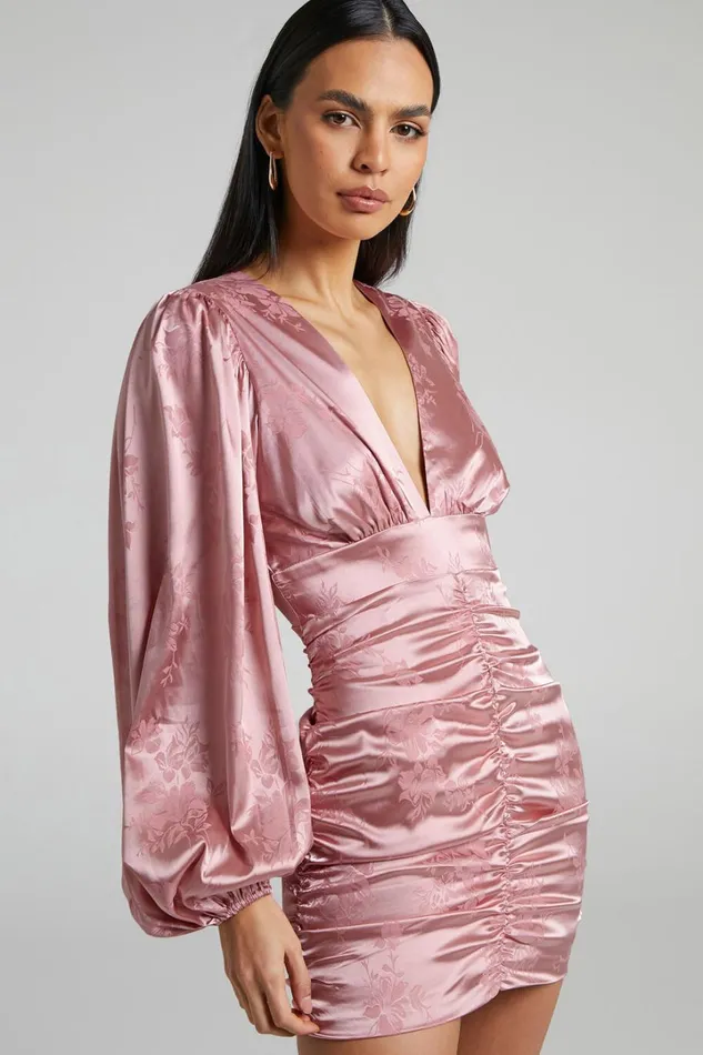 Richmond Mini Dress 8211 Long Sleeve Ruched Dress In Dusty Pink Women Showpo Dresses