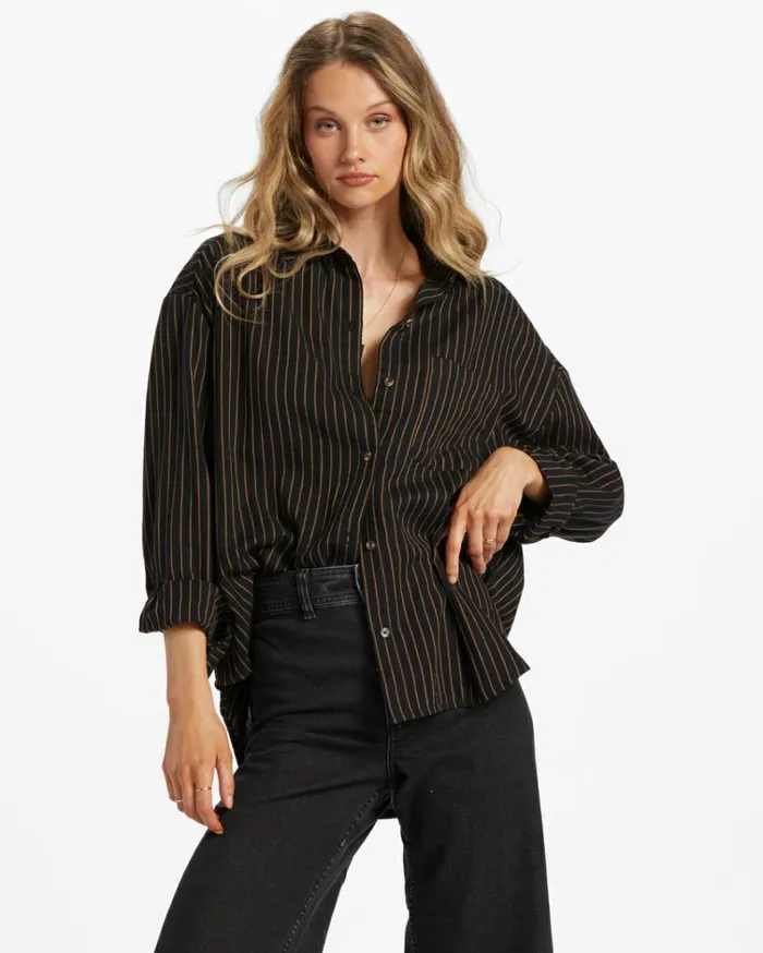 Right On Long Sleeve Shirt Black Pebble Women Billabong Essentials